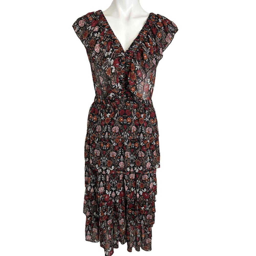 Violeta by Mango Black Red Floral Tiered Maxi Dress 18 Semi Sheer Fairy Whimsy B